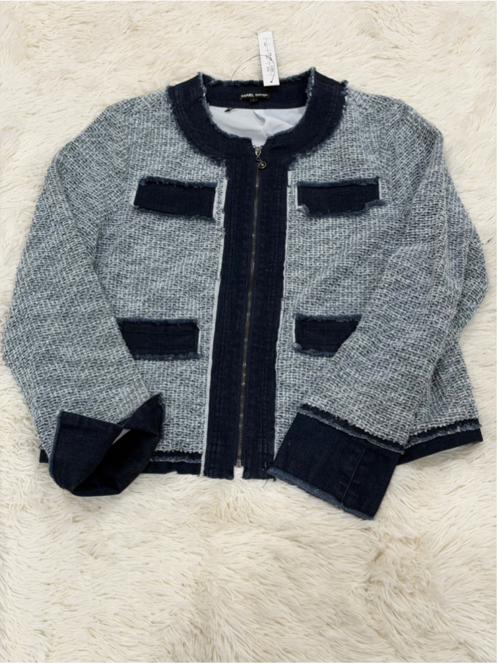 Samuel Dong Grey Black Zip Front Tweed Jacket Size M